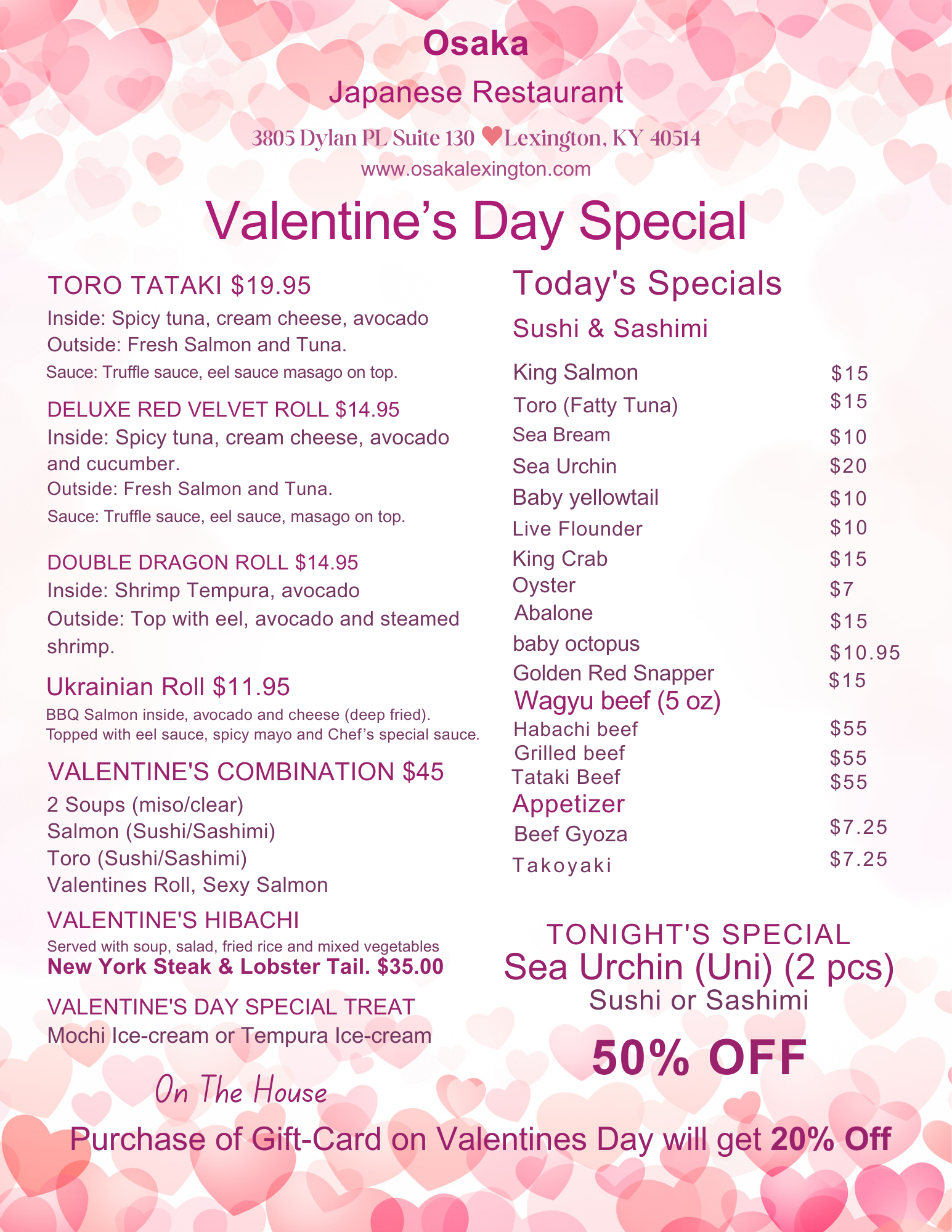 Crab N Go Seafood Promotion alt text (for screen readers, concise and descriptive):
Osaka Japanese Restaurant Valentine's Day Special menu: sushi rolls, hibachi, 50% off sea urchin, and gift card discounts.
title text (for hover tooltip, supplementary context):
Osaka Japanese Restaurant Valentine's Day Special Menu: Sushi, Hibachi, Sea Urchin 50% Off, Gift Card Offers